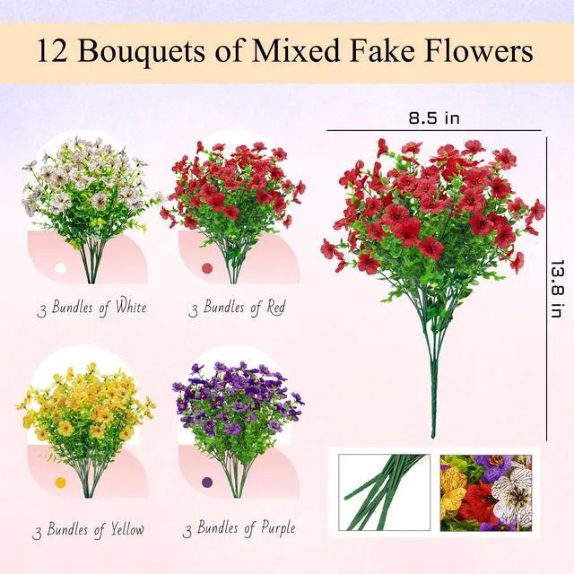 Alt view image 3 of 7 - 12 Bundles Artificial Daisy Fake Flowers for Outdoors, UV Resistant Colorful Silk Faux Flowers for Spring Home Porch Garden Decor
