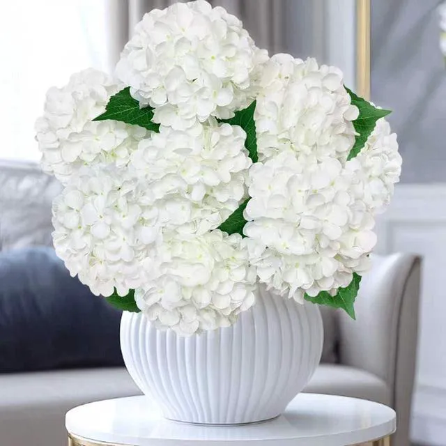 Alt view image 4 of 6 - 6PCS White Hydrangea Artificial Flowers, Bulk Silk Fake Flower with Stems, Faux Hydrangeas Bouquets for Home Décor, Wedding, Party, and Office Table Centerpieces.