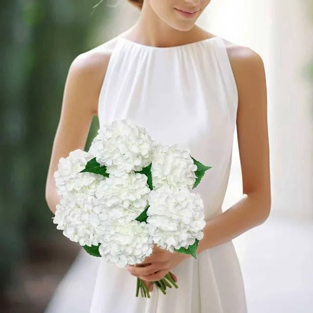 Alt view image 2 of 6 - 6PCS White Hydrangea Artificial Flowers, Bulk Silk Fake Flower with Stems, Faux Hydrangeas Bouquets for Home Décor, Wedding, Party, and Office Table Centerpieces.