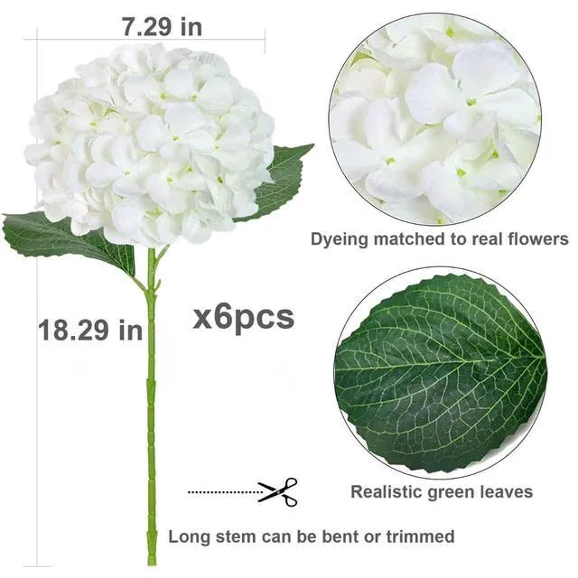 Alt view image 3 of 6 - 6PCS White Hydrangea Artificial Flowers, Bulk Silk Fake Flower with Stems, Faux Hydrangeas Bouquets for Home Décor, Wedding, Party, and Office Table Centerpieces.