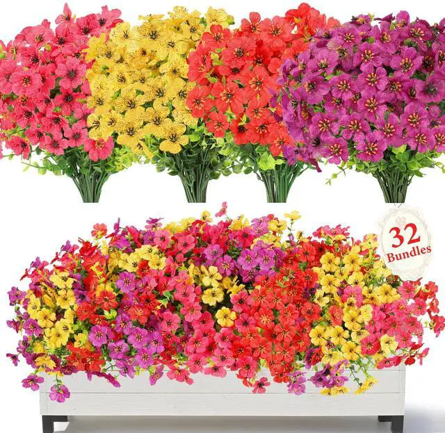 Main image of 32 Bundles Artificial Flowers for Outdoors,All Weather Fake Flowers | 4 Vibrant Colors Faux Flowers,UV Resistant,Suitable for Gardens,Terraces,Balconies,Porches and Windowsill