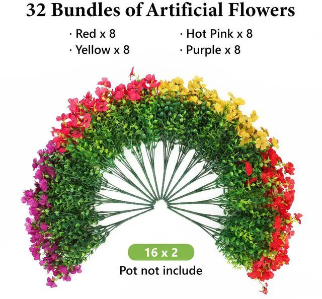 Alt view image 3 of 7 - 32 Bundles Artificial Flowers for Outdoors,All Weather Fake Flowers | 4 Vibrant Colors Faux Flowers,UV Resistant,Suitable for Gardens,Terraces,Balconies,Porches and Windowsill