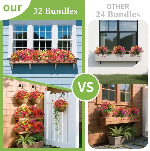 Alt view image 6 of 7 - 32 Bundles Artificial Flowers for Outdoors,All Weather Fake Flowers | 4 Vibrant Colors Faux Flowers,UV Resistant,Suitable for Gardens,Terraces,Balconies,Porches and Windowsill