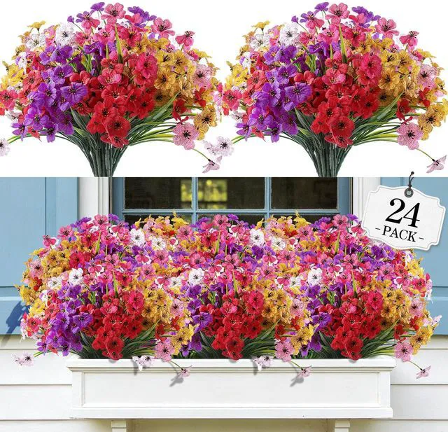 Main image of Artificial Flowers Outdoor UV Resistant Fake Plant Garden Patio Decor | 24 Bundles,NoFade Realistic PE Silk Faux Flowers for Hanging Window Planter,Yard, Front Porch,Outside,GraveCemetery Decor