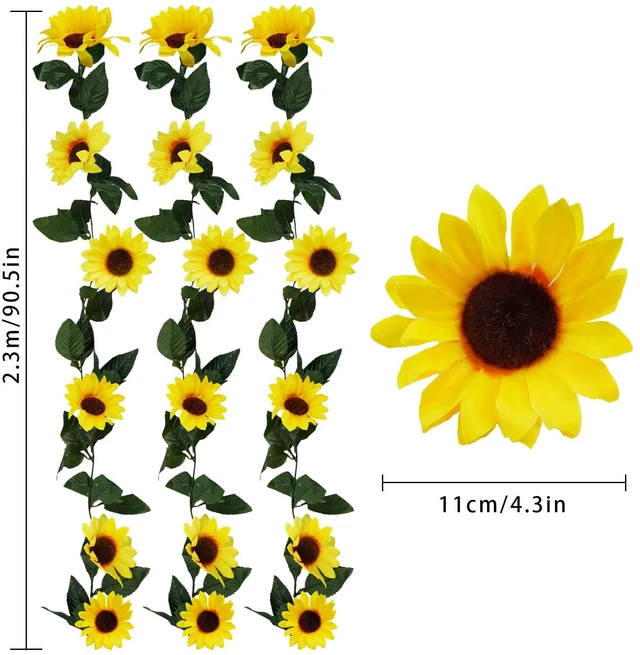 Alt view image 6 of 7 - 3 Pack Artificial Sunflower Garland, 7.5ft/Strand Silk Sunflowers Hanging Vines Flowers with Green Leaves for Room Kitchen Garden Birthday Wedding Baby Shower Party Table Decor Large