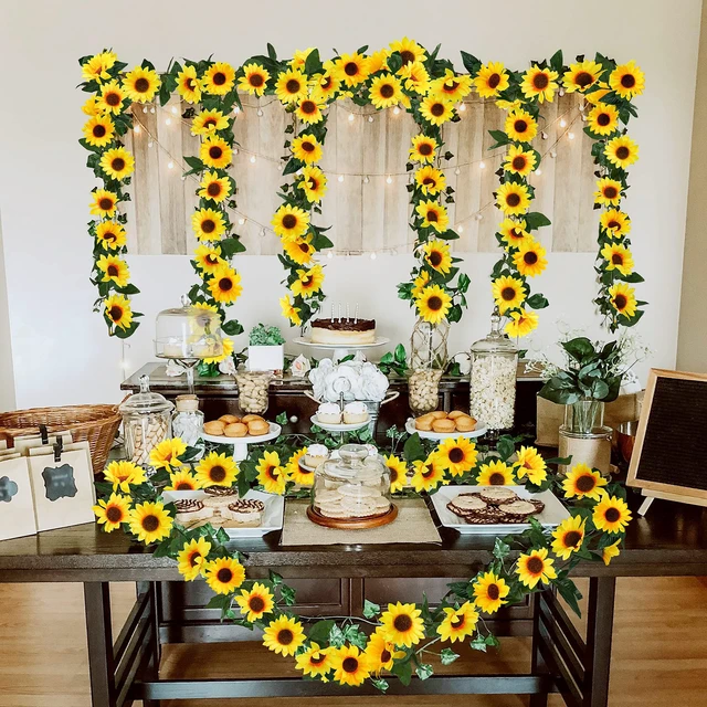Alt view image 5 of 7 - 3 Pack Artificial Sunflower Garland, 7.5ft/Strand Silk Sunflowers Hanging Vines Flowers with Green Leaves for Room Kitchen Garden Birthday Wedding Baby Shower Party Table Decor Large