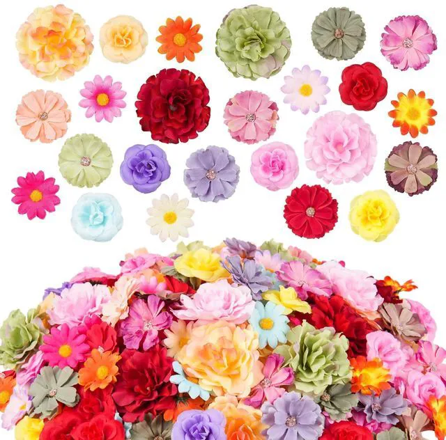 Main image of 210 Pcs Mini Silk Flower Heads Small Fake Rose Daisy Faux Flowers Bulk for Crafts Artificial 3D Loose Fabric Flowers Heads Sunflower Bulk for Wedding Hair Cap Dresses Decorations (Bright Colors Mixed)