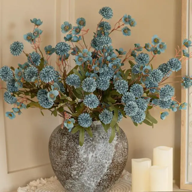 Alt view image 3 of 7 - 8 Pcs Fake Mums Kiku Flowers Artificial with Wild Flowers Bulk, Blue Silk Flower Arrangements Decor Floral Centerpieces For Tables Artificial Fall Flowers for Vase DIY Bouquet Coffee Dining Home