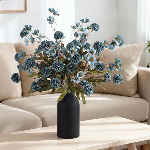 Alt view image 6 of 7 - 8 Pcs Fake Mums Kiku Flowers Artificial with Wild Flowers Bulk, Blue Silk Flower Arrangements Decor Floral Centerpieces For Tables Artificial Fall Flowers for Vase DIY Bouquet Coffee Dining Home