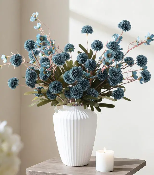 Alt view image 7 of 7 - 8 Pcs Fake Mums Kiku Flowers Artificial with Wild Flowers Bulk, Blue Silk Flower Arrangements Decor Floral Centerpieces For Tables Artificial Fall Flowers for Vase DIY Bouquet Coffee Dining Home