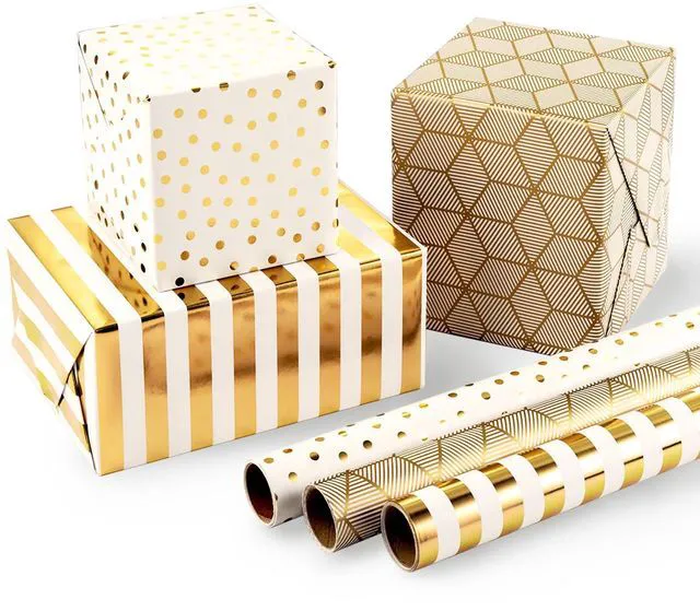 Main image of Birthday Wrapping Paper, 17 in x 120in Per roll, Gold Gift Wrap | Metallic Gold, Polka Dot, Striped Design, Gift Wrap for Christmas, Bridal Wedding Shower, Thanksgiving, Anniversary
