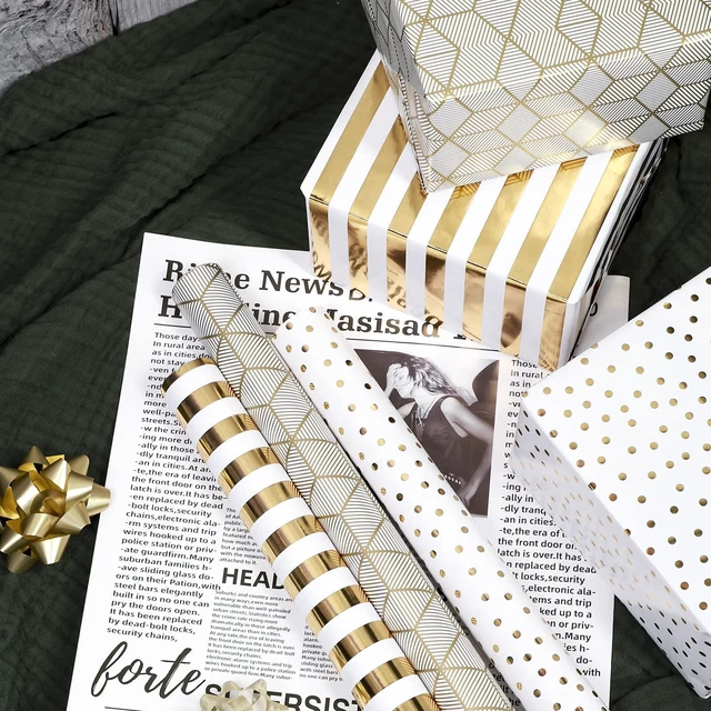 Alt view image 3 of 7 - Birthday Wrapping Paper, 17 in x 120in Per roll, Gold Gift Wrap | Metallic Gold, Polka Dot, Striped Design, Gift Wrap for Christmas, Bridal Wedding Shower, Thanksgiving, Anniversary
