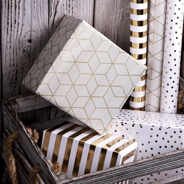 Alt view image 6 of 7 - Birthday Wrapping Paper, 17 in x 120in Per roll, Gold Gift Wrap | Metallic Gold, Polka Dot, Striped Design, Gift Wrap for Christmas, Bridal Wedding Shower, Thanksgiving, Anniversary