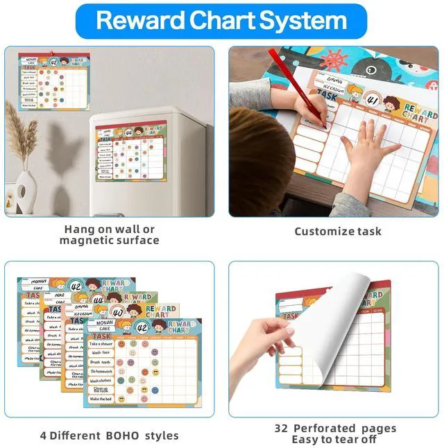 Alt view image 2 of 7 - Boho 32 Chore Charts Behavior Reward Chart System,Sticker Chore Chart Pad for Students with 2328 Stickers, 12.2" x 9.8" Magnetic Reward Chart to Develop Responsibility & Good Habits.
