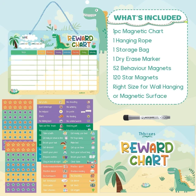 Alt view image 2 of 7 - 52 Chore Reward Chart for Kids, Dinosaur Magnetic Behaviour Board | 120 Magnetic Star Stickers, Responsibility Board, Daily Routine for Home, Toddlers, Parents, Teachers, Bedtime, Chores, Goals