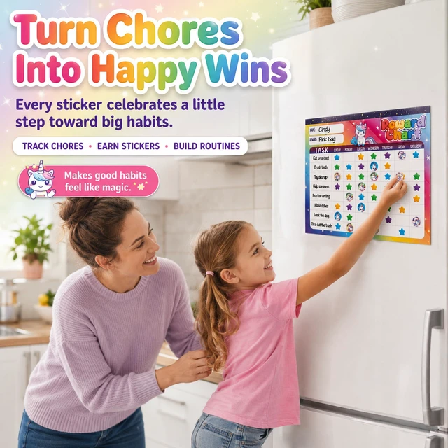 Alt view image 2 of 7 - Magnetic Reward Chart for Kids - Unicorn Chore Chart | Behavior Sticker Chart with 26 Chore Sheets & 1728 Stickers - Motivate Responsibility & Good Habits at Home & Classroom
