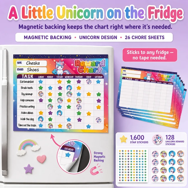 Alt view image 3 of 7 - Magnetic Reward Chart for Kids - Unicorn Chore Chart | Behavior Sticker Chart with 26 Chore Sheets & 1728 Stickers - Motivate Responsibility & Good Habits at Home & Classroom