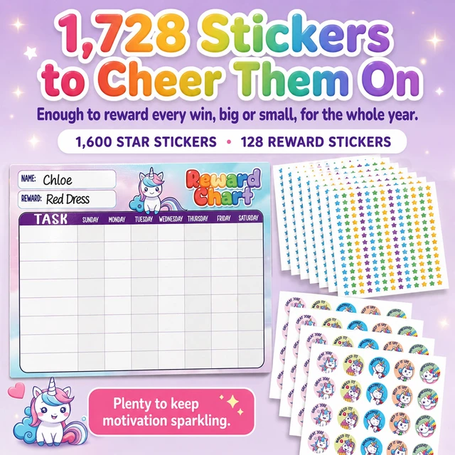Alt view image 4 of 7 - Magnetic Reward Chart for Kids - Unicorn Chore Chart | Behavior Sticker Chart with 26 Chore Sheets & 1728 Stickers - Motivate Responsibility & Good Habits at Home & Classroom
