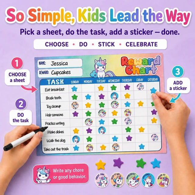 Alt view image 5 of 7 - Magnetic Reward Chart for Kids - Unicorn Chore Chart | Behavior Sticker Chart with 26 Chore Sheets & 1728 Stickers - Motivate Responsibility & Good Habits at Home & Classroom