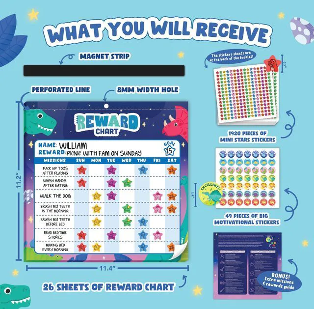 Alt view image 2 of 6 - Magnetic Chore Chart for Kids Dinosaur Reward Chart for Kids Behavior at Home & Classroom, Reusable Dry Erase Sticker Chart, Toddler Morning Routine Responsibility Board
