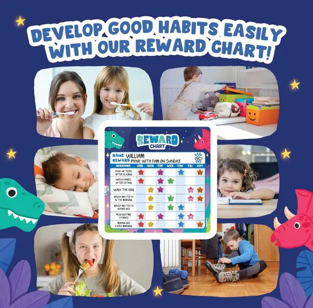 Alt view image 5 of 6 - Magnetic Chore Chart for Kids Dinosaur Reward Chart for Kids Behavior at Home & Classroom, Reusable Dry Erase Sticker Chart, Toddler Morning Routine Responsibility Board