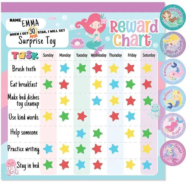 Main image of Reward Chart for Kids Mermaid Magnetic Kids Behavior Chart | Pad With 26 Chore Charts, 1920 Star Stickers, 36 Incentive Stickers, Responsibility Chart for Kids Girls Toddlers