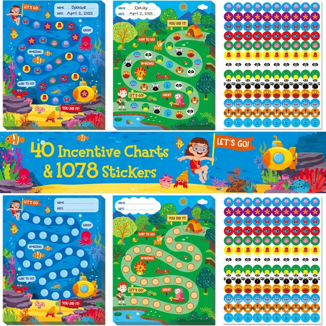 Main image of 40 Pack Incentive Chart, 2 Adorable Designs with 1078 Stickers, Classroom Family Reward Chart System for Kids Homework Assignments, Attendance, Good Behavior, Chores, Potty Training Progress