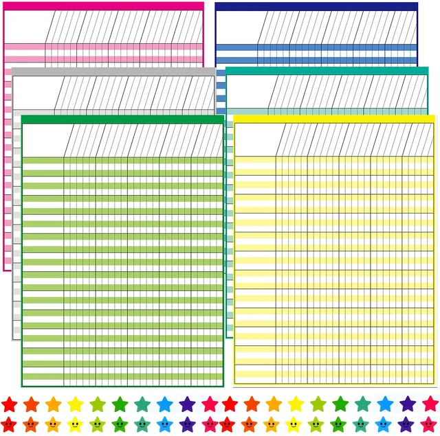 Main image of 6 Pack Multi-Color Laminated Dry Erase Incentive Chart with 120 Reward Star Stickers for Chore Responsibility, School Attendance, Homework Progress Tracking Chart (17 Inch x 22 Inch)