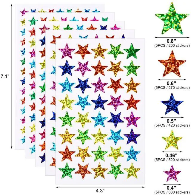 Alt view image 2 of 7 - 2040 Pcs Star Stickers, 5 Sizes Small Stars for Kids Reward, Sparkly Holographic Stickers, Glitter foil Stickers for Behavior Reward Chart and DIY Decoration