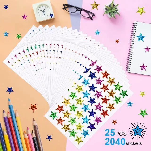 Alt view image 3 of 7 - 2040 Pcs Star Stickers, 5 Sizes Small Stars for Kids Reward, Sparkly Holographic Stickers, Glitter foil Stickers for Behavior Reward Chart and DIY Decoration