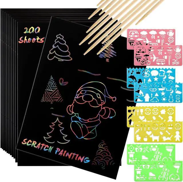 Main image of 200 Pcs Scratch Paper Art Set, Scratch Off Magic Paper with 10 Stylus, 8 Stencils, Black Scratch Notes for Boys and Girls DIY Crafts Christmas Birthday Gift Cards