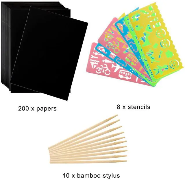 Alt view image 3 of 7 - 200 Pcs Scratch Paper Art Set, Scratch Off Magic Paper with 10 Stylus, 8 Stencils, Black Scratch Notes for Boys and Girls DIY Crafts Christmas Birthday Gift Cards