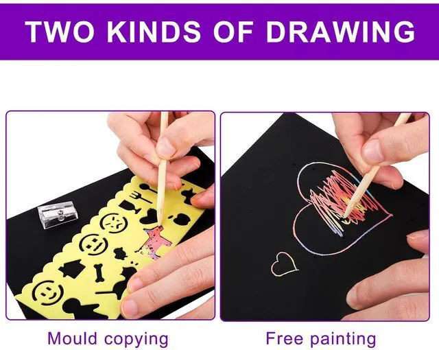Alt view image 4 of 7 - 200 Pcs Scratch Paper Art Set, Scratch Off Magic Paper with 10 Stylus, 8 Stencils, Black Scratch Notes for Boys and Girls DIY Crafts Christmas Birthday Gift Cards