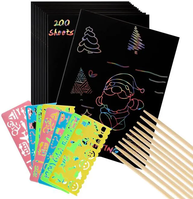 Alt view image 5 of 7 - 200 Pcs Scratch Paper Art Set, Scratch Off Magic Paper with 10 Stylus, 8 Stencils, Black Scratch Notes for Boys and Girls DIY Crafts Christmas Birthday Gift Cards
