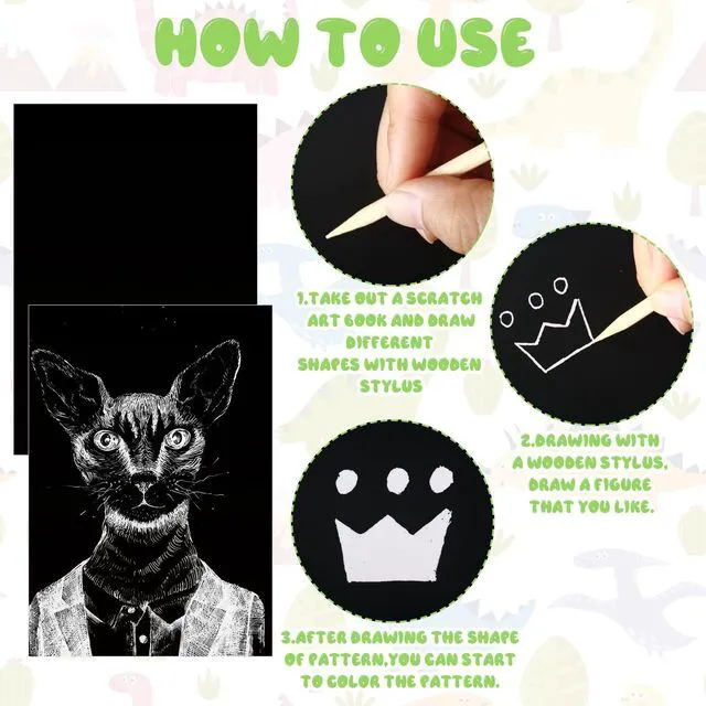 Alt view image 3 of 5 - 60 Pieces Scratch Paper Craft Art Set Adults Scratchboard Kits 7.2 x 5 Inch Black Scratch Off Paper Scratchboard Pad Art Supplies with Wooden Stylus for DIY Birthday Party Gift Supplies