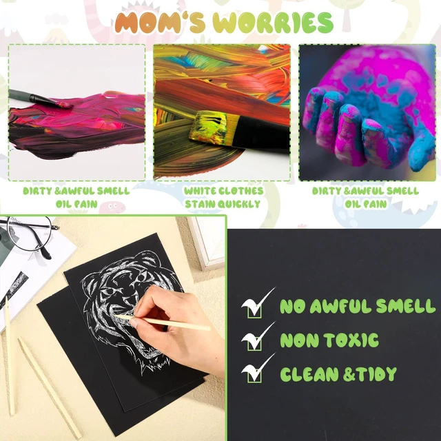 Alt view image 4 of 5 - 60 Pieces Scratch Paper Craft Art Set Adults Scratchboard Kits 7.2 x 5 Inch Black Scratch Off Paper Scratchboard Pad Art Supplies with Wooden Stylus for DIY Birthday Party Gift Supplies