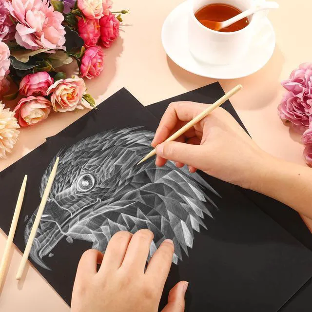 Alt view image 5 of 5 - 60 Pieces Scratch Paper Craft Art Set Adults Scratchboard Kits 7.2 x 5 Inch Black Scratch Off Paper Scratchboard Pad Art Supplies with Wooden Stylus for DIY Birthday Party Gift Supplies