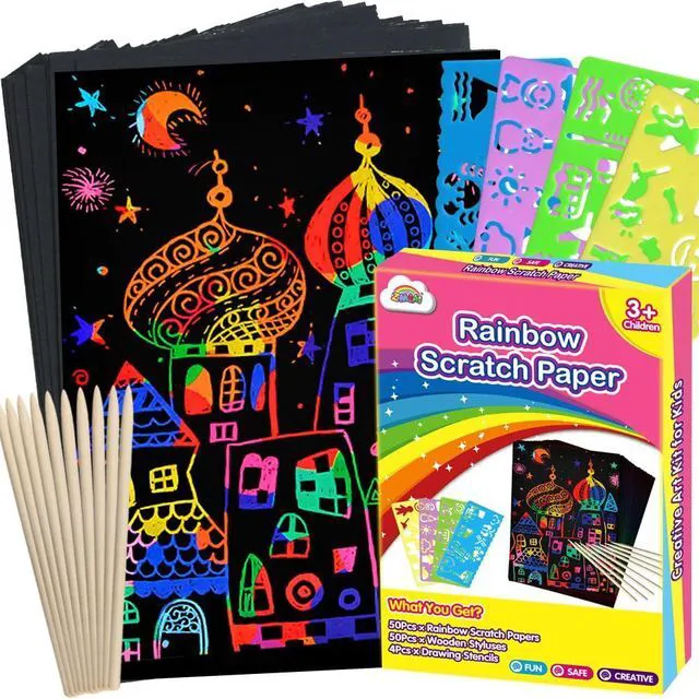 Main image of 100Pcs Rainbow Scratch Paper Art Gifts, Arts and Crafts for Kids Toys | Rainbow Art Scratch for Girls Boys Christmas Birthday Gifts, Bulk Travel Games Activities Toys, Party Favors for Kids