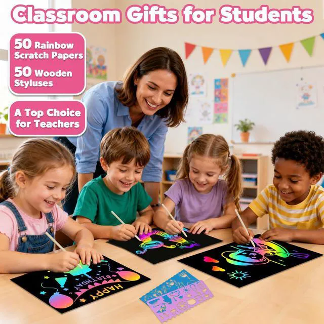 Alt view image 4 of 7 - 100Pcs Rainbow Scratch Paper Art Gifts, Arts and Crafts for Kids Toys | Rainbow Art Scratch for Girls Boys Christmas Birthday Gifts, Bulk Travel Games Activities Toys, Party Favors for Kids