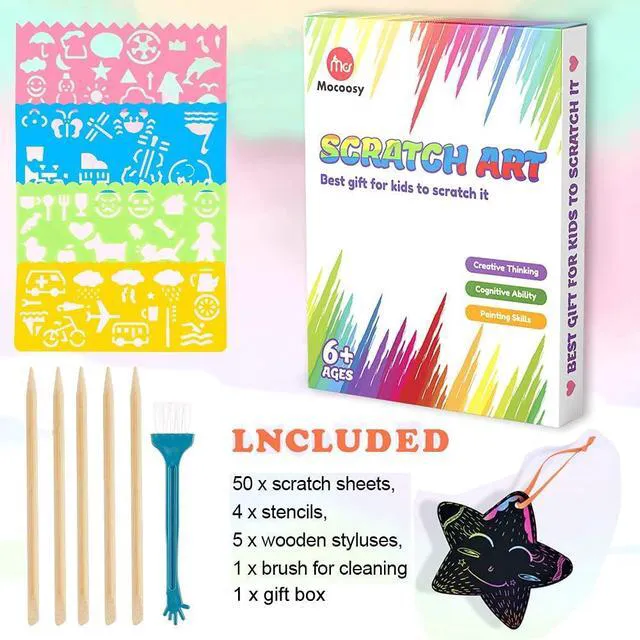 Alt view image 2 of 7 - 60 PCS Rainbow Scratch Art Paper for Kids, Magic Scratch Paper Off Set Art and Craft Supplies, Black Scratch Pads Party Game Activities Birthday Gifts for Girls Boys 3 4 5 6 7 8 9 Years Old