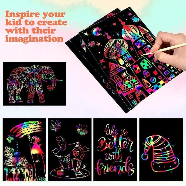 Alt view image 3 of 7 - 60 PCS Rainbow Scratch Art Paper for Kids, Magic Scratch Paper Off Set Art and Craft Supplies, Black Scratch Pads Party Game Activities Birthday Gifts for Girls Boys 3 4 5 6 7 8 9 Years Old