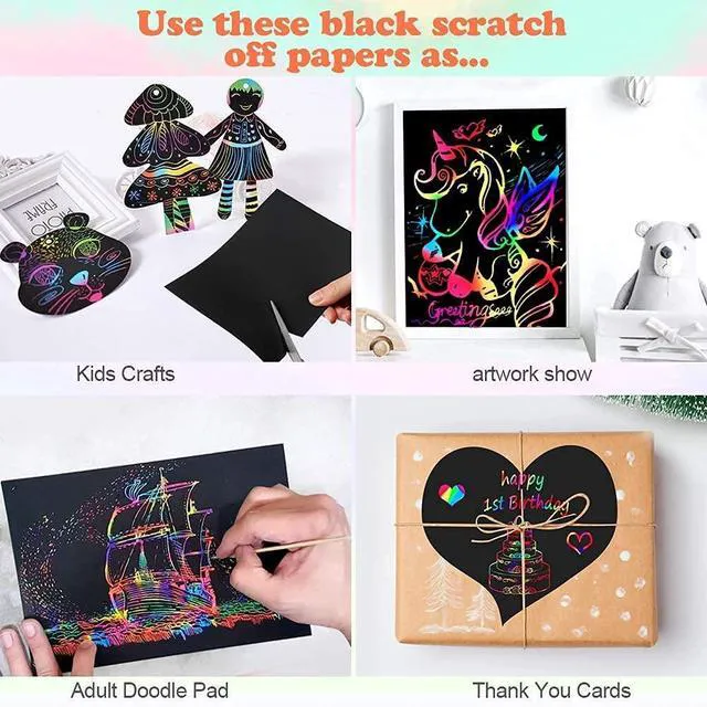 Alt view image 6 of 7 - 60 PCS Rainbow Scratch Art Paper for Kids, Magic Scratch Paper Off Set Art and Craft Supplies, Black Scratch Pads Party Game Activities Birthday Gifts for Girls Boys 3 4 5 6 7 8 9 Years Old