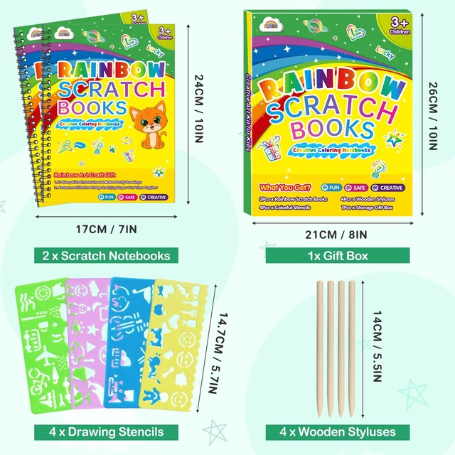 Alt view image 7 of 7 - 2 Pack Rainbow Scratch Paper Notebooks: Art Crafts for Kids Ages 4-8 | Birthday Gift Games for Kids Girls Boys Kits School Party Toys Party Travel Activity
