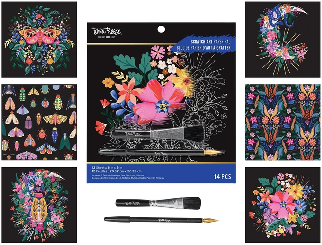 Main image of Scratch Art Paper Pad - 12 Mystical Designs, 8x8 Metallic Kit | Metallic Guided Art Set for Adults Includes Brush and Dual-Sided Stylus, 12 Perforated Tear Out Sheets for Home Decor