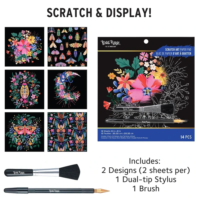Alt view image 3 of 7 - Scratch Art Paper Pad - 12 Mystical Designs, 8x8 Metallic Kit | Metallic Guided Art Set for Adults Includes Brush and Dual-Sided Stylus, 12 Perforated Tear Out Sheets for Home Decor