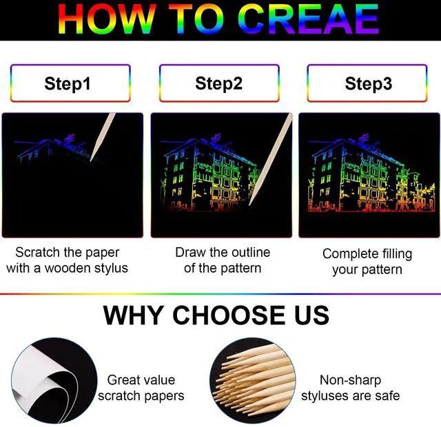 Alt view image 4 of 5 - 60 Pcs Scratch Art Rainbow Sets Magic Crafts Supplies Kits | easter gifts for kids 3-12 Birthday, party, classroom games