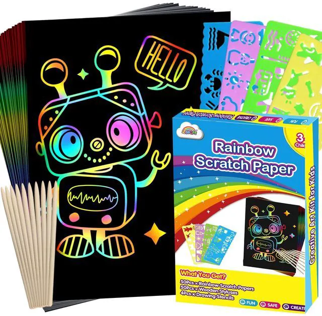 Main image of 100Pcs Rainbow Scratch Paper Art Gifts, Arts and Crafts for Kids Toys | Rainbow Art Scratch for Girls Boys Christmas Birthday Gifts, Bulk Travel Games Activities Toys, Party Favors for Kids