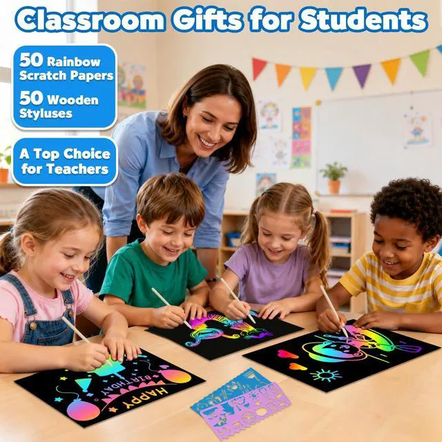 Alt view image 4 of 7 - 100Pcs Rainbow Scratch Paper Art Gifts, Arts and Crafts for Kids Toys | Rainbow Art Scratch for Girls Boys Christmas Birthday Gifts, Bulk Travel Games Activities Toys, Party Favors for Kids