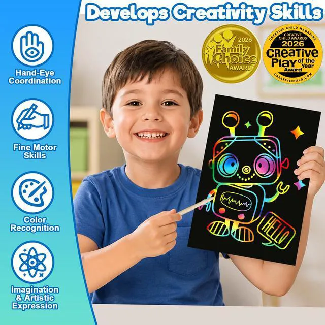 Alt view image 2 of 7 - 100Pcs Rainbow Scratch Paper Art Gifts, Arts and Crafts for Kids Toys | Rainbow Art Scratch for Girls Boys Christmas Birthday Gifts, Bulk Travel Games Activities Toys, Party Favors for Kids