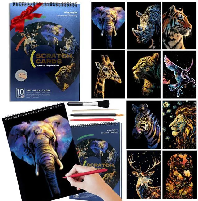 Main image of Animal Series Scratch Art Adults 10-Page Mindfulness & Stress Relief Scratch Painting Kit Intricate Wildlife Designs Premium Black Rainbow Scratch Paper Creative Hobby & DIY Gift Idea